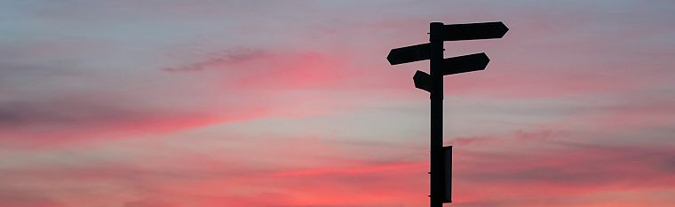 A signpost pointing several ways, silhouetted against a pink sunset