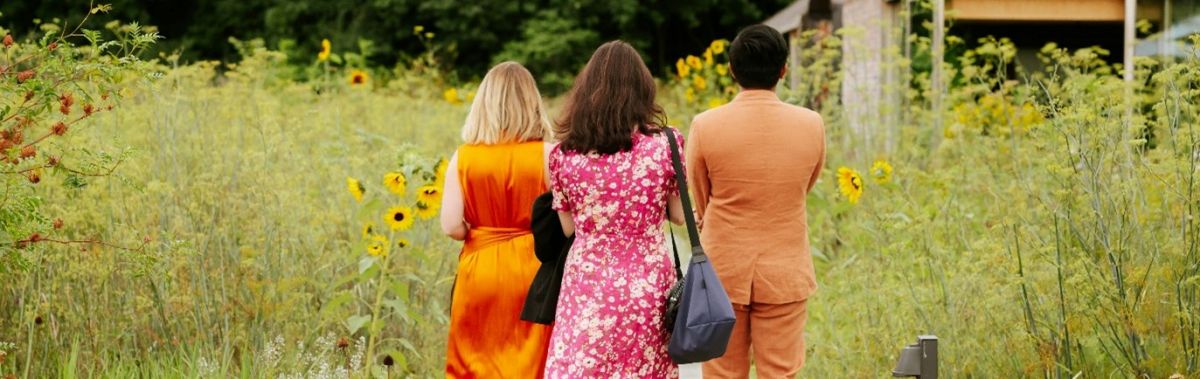 Three people walking away together along a path through tall summer flowers